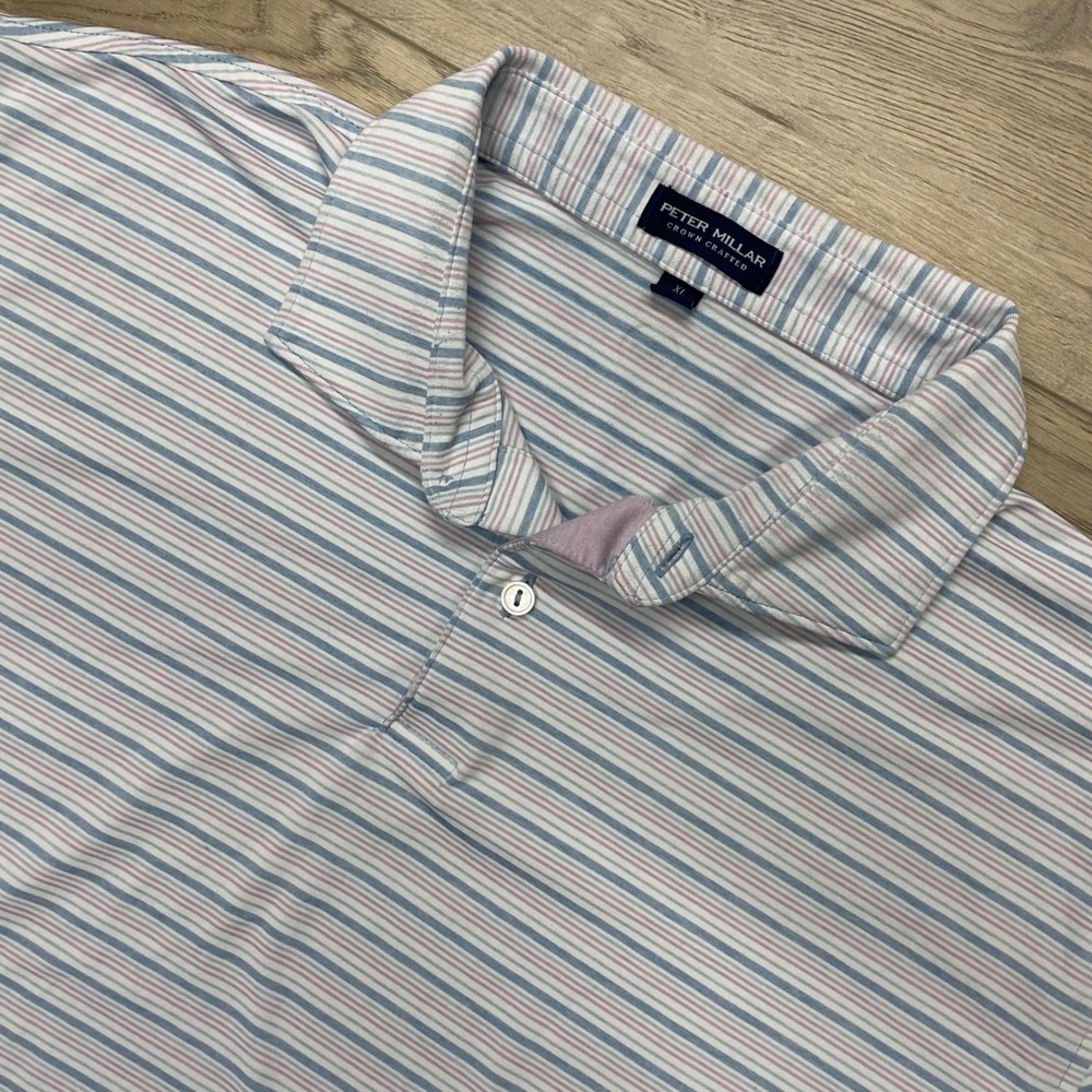 Peter Millar Polo Shirt Mens XL Blue Pink Striped Crown Crafted MS23XK15E
